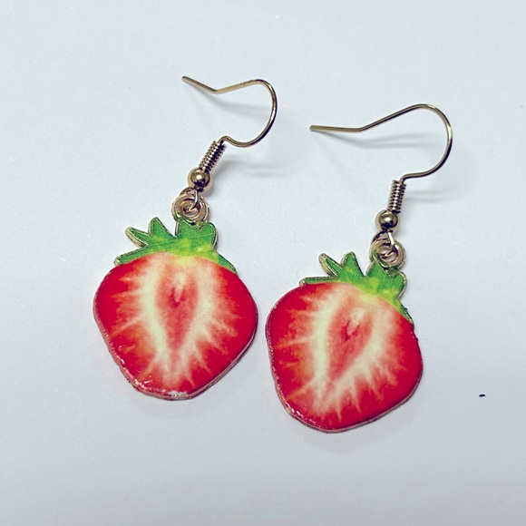 Hand Crafted Jewelry - Handmade Enamel Strawberry Earrings - 1” Drop - New